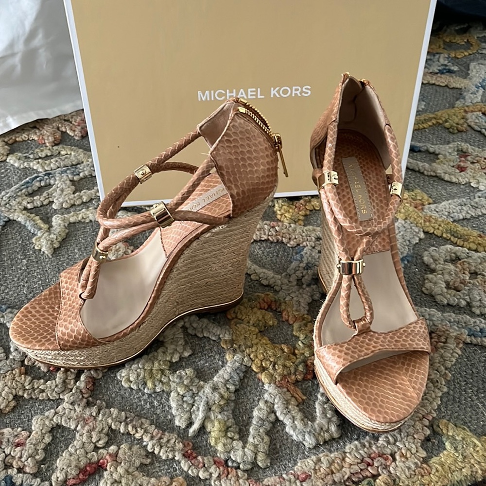 Michael Kors Sherie genuine snake suntan wedge sandal size 7 - worn 1x with box
